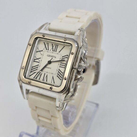 35MM Women's‎ Square Watch White Dial White Plastic Bands New Battery - Picture 2 of 11